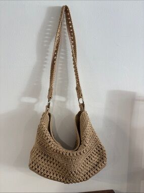 Woven Crochet Shoulder Bag in Tan